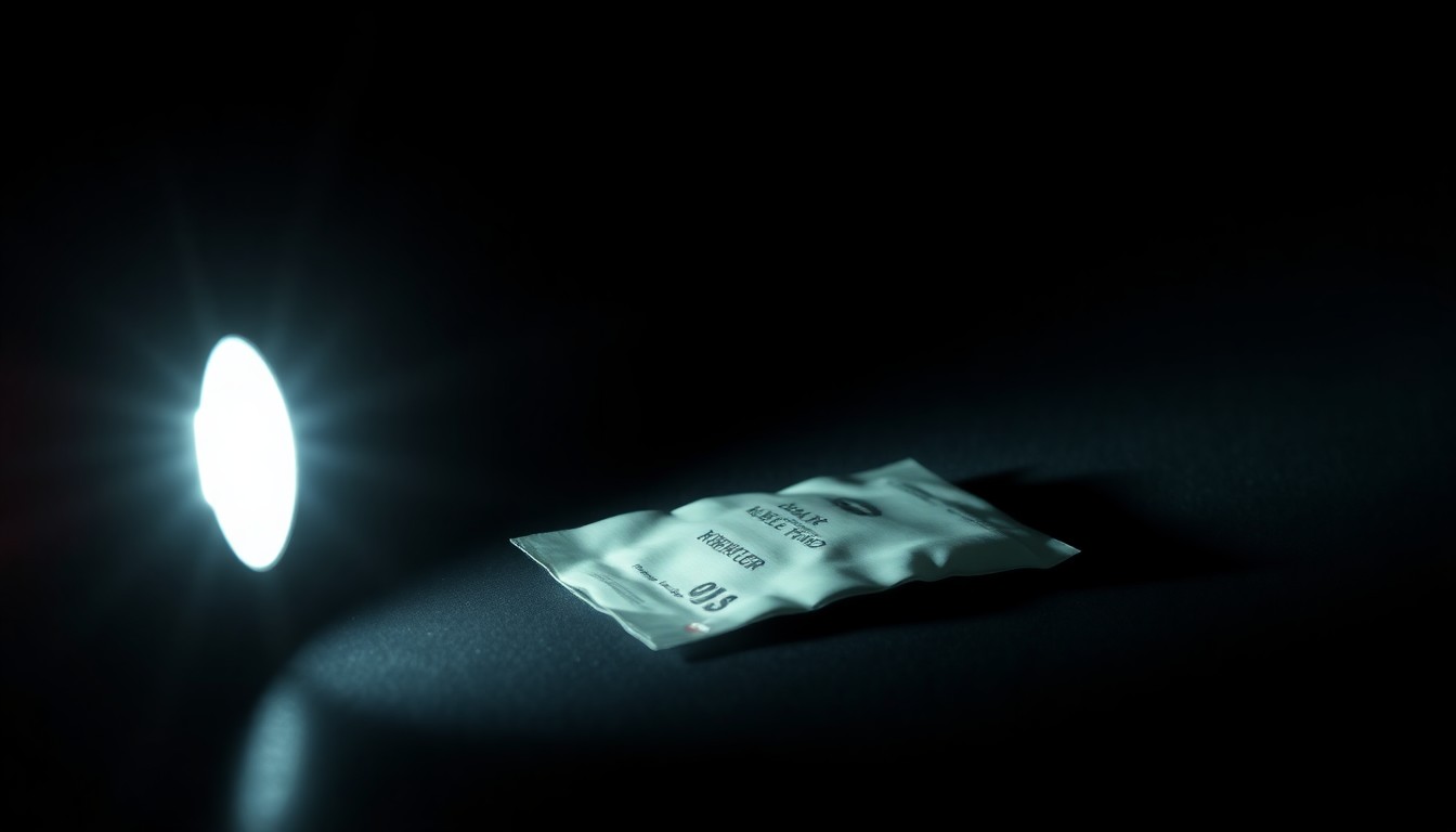 An extreme close-up photograph of a single, unidentified personal item or piece of evidence related to the woman's death, capturing the dramatic texture and lighting to convey a sense of the investigation's gritty, nocturnal nature.