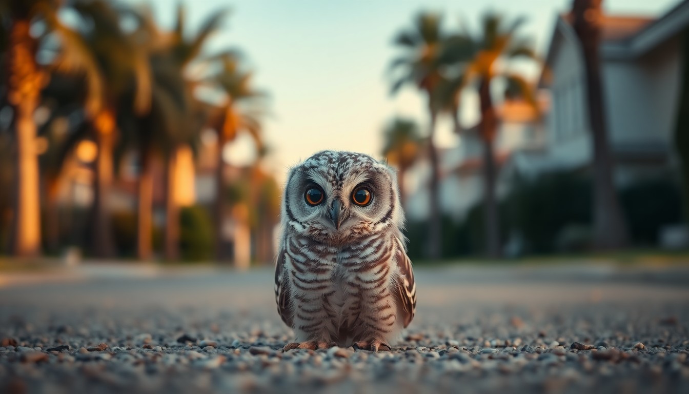 An extremely abstracted, out-of-focus photograph of a small, fluffy baby owl sitting on the ground in a residential neighborhood, with blurred palm trees and houses visible in the background. The image is bathed in warm, golden light, creating a dreamlike, atmospheric quality.