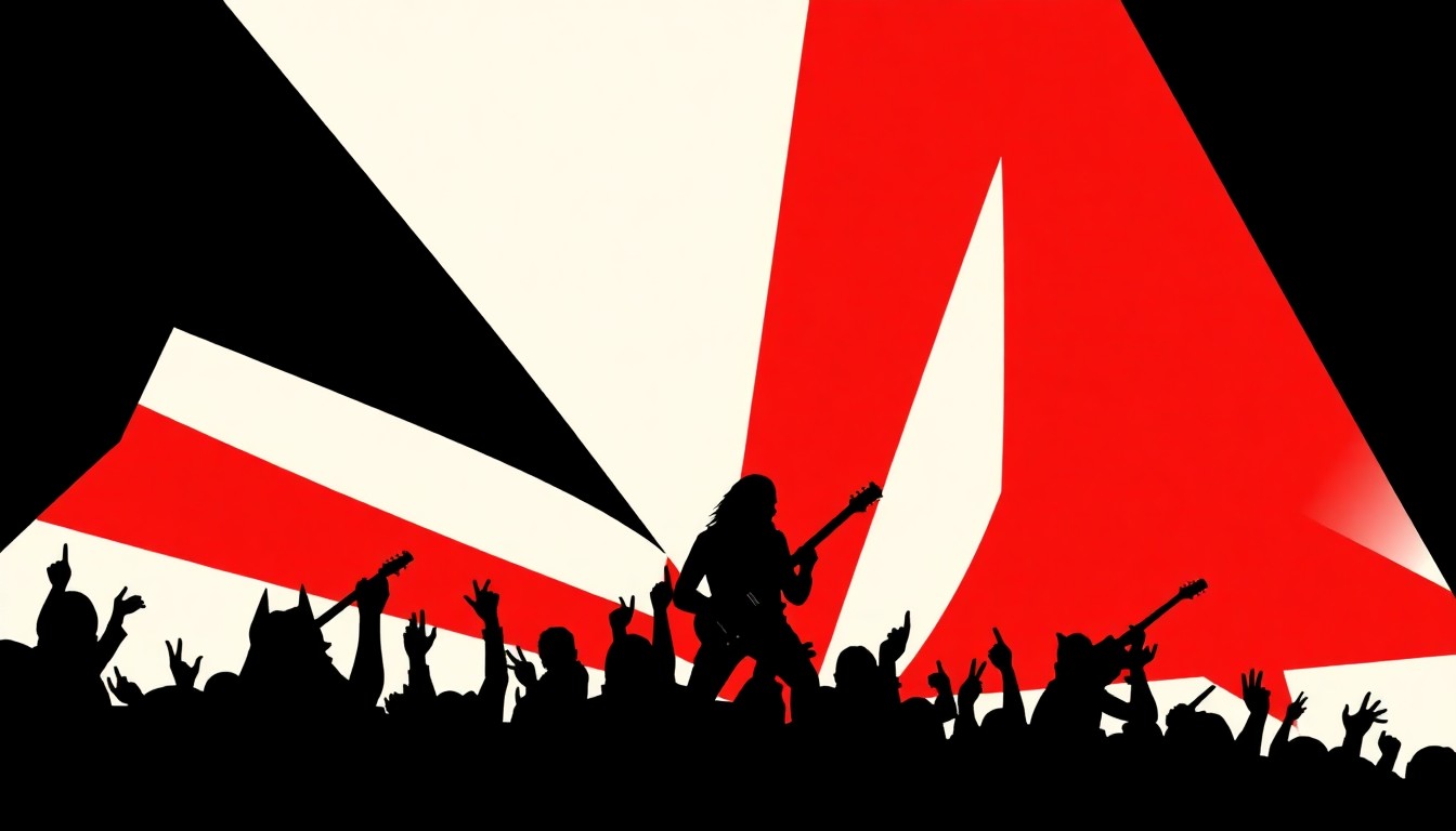 A striking abstract composition of jagged black silhouettes and bold red geometric shapes, conceptually representing the high-energy rock music of Shinedown and Coheed and Cambria.