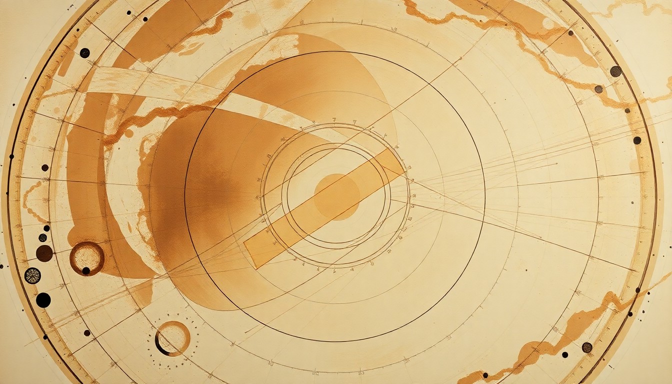 A highly structured abstract painting in muted earth tones, featuring sweeping geometric arcs, concentric circles, and precise botanical spirals, conveying the complex and enigmatic nature of the recent incidents involving scientists working in sensitive scientific fields.