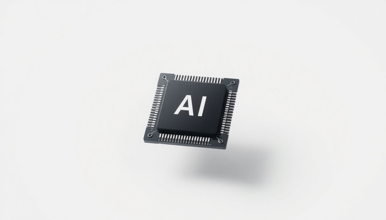 A close-up view of a sleek, modern AI processor chip made of polished metal and glass, floating elegantly against a clean, monochromatic background, symbolizing the power and precision of advanced AI technology.