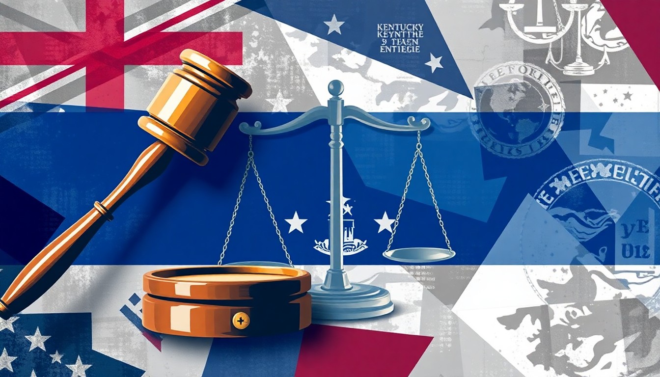 A dynamic, fragmented painting depicting symbols of the judicial system and Kentucky state government, conveying a sense of political conflict and division.