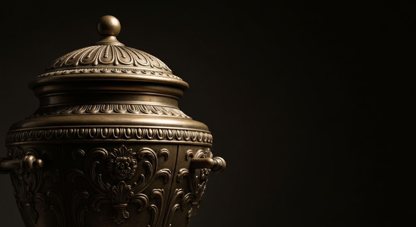 A close-up of a highly detailed, polished bronze urn or casket, dramatically lit against a dark background, conveying the solemn and weighty nature of the funeral services industry.