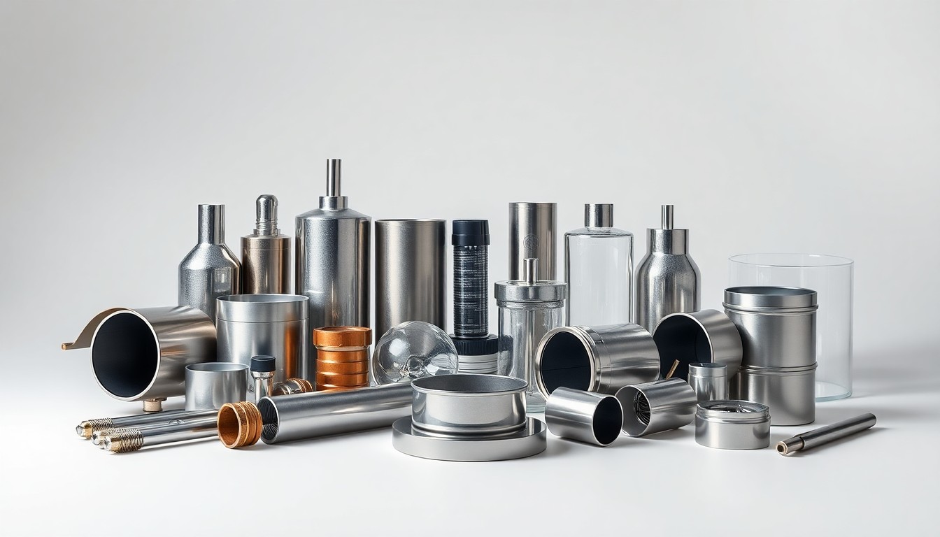 A high-end, photorealistic studio still-life photograph featuring a collection of sleek, modern industrial materials and components arranged elegantly on a clean, white seamless background, conceptually representing Southwire's commitment to sustainable manufacturing and environmental leadership.
