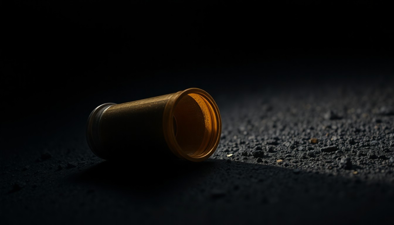An extreme close-up photograph of a spent shell casing on a dark, textured surface, lit by a harsh, direct camera flash to create a gritty, investigative aesthetic without words.