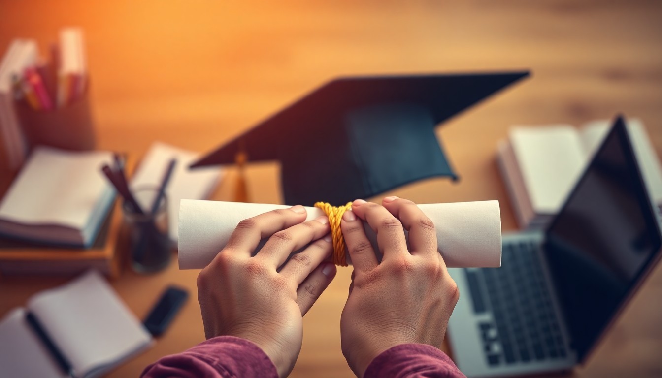 An abstract, out-of-focus photograph of a student's hands holding a diploma or graduation cap, surrounded by blurred lifestyle objects, conveying a sense of hope and resilience after overcoming adversity.