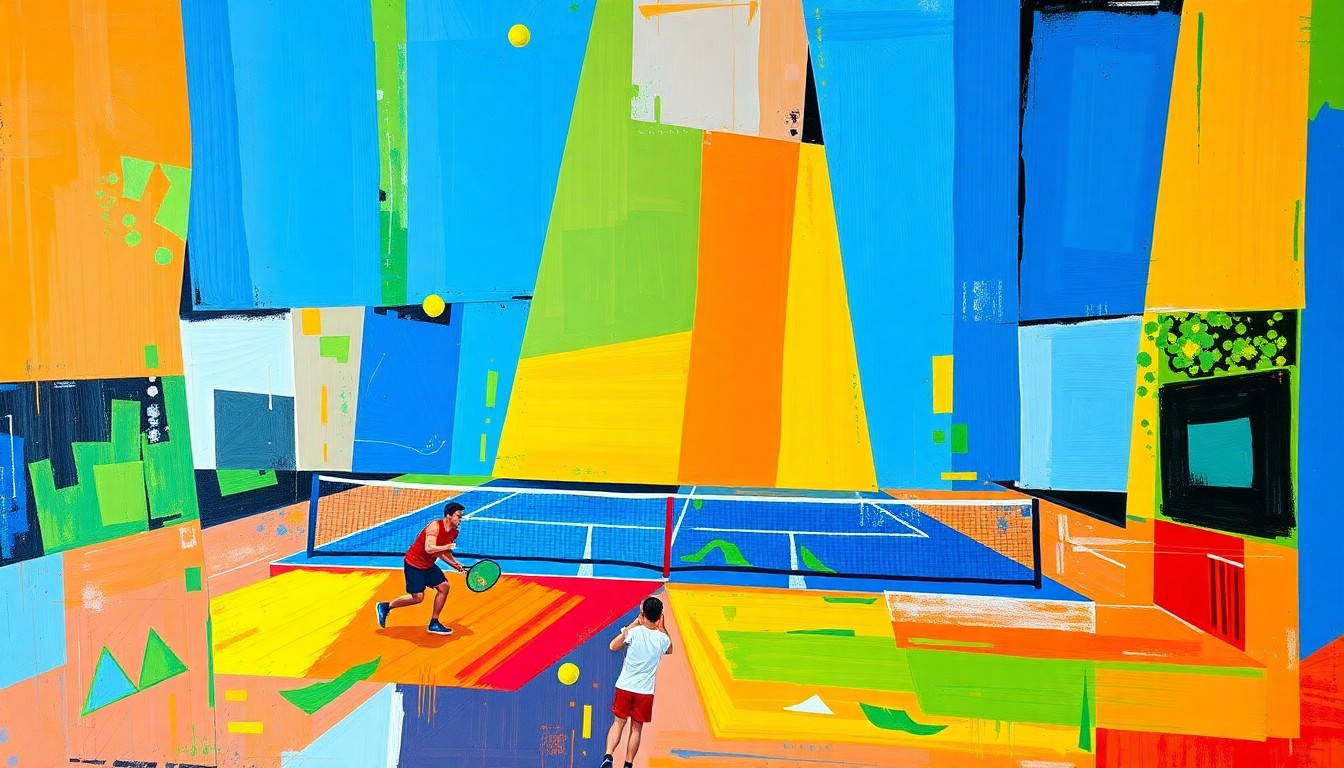 A fragmented, geometric painting depicting the overlapping movements and perspectives of a pickleball match, with sharp planes of vibrant colors capturing the sport's raw athleticism.