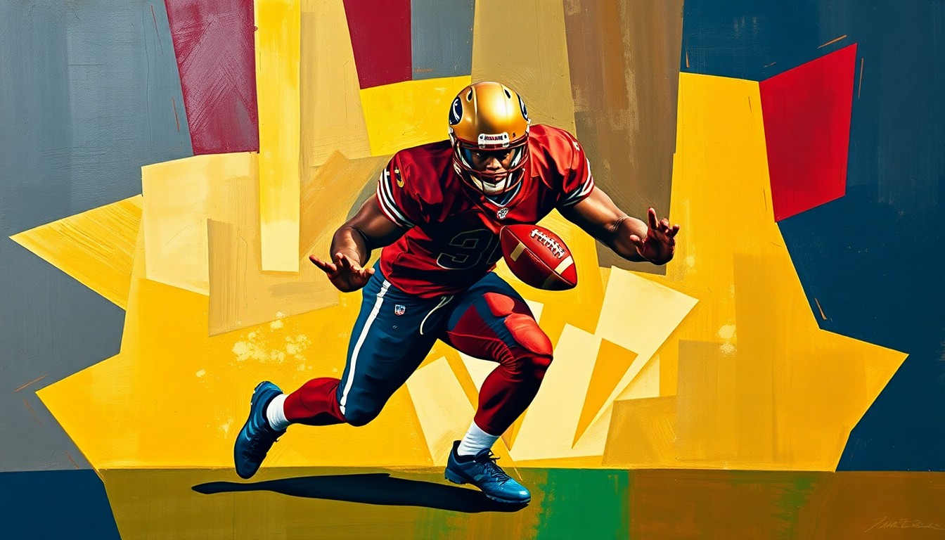 A fragmented, geometric painting depicting a football player in motion, with sharp planes of burgundy, gold, and navy blue representing the dynamic action of the game.