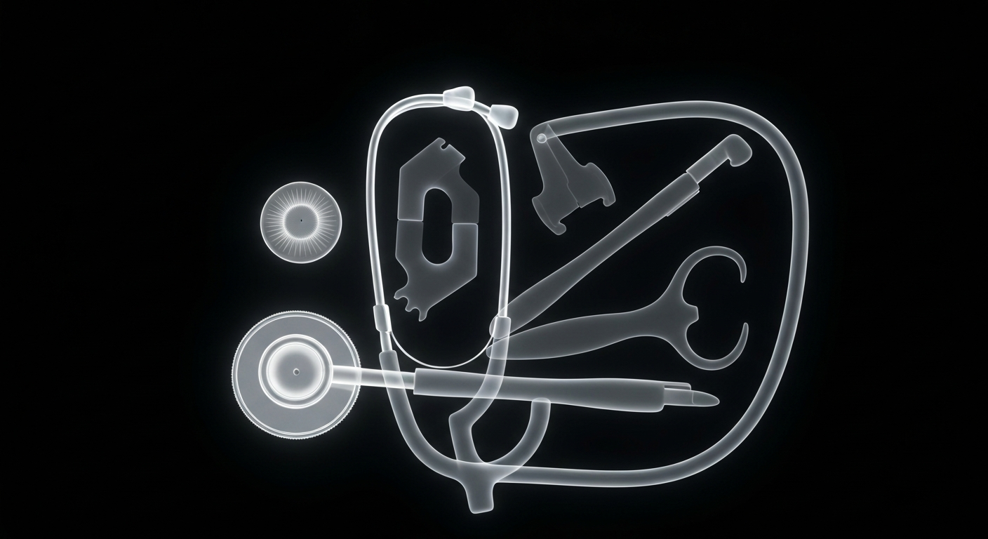 A translucent X-ray photograph revealing the intricate inner structure of a stethoscope and other medical instruments, conceptually representing the tools and expertise of the osteopathic medical profession.