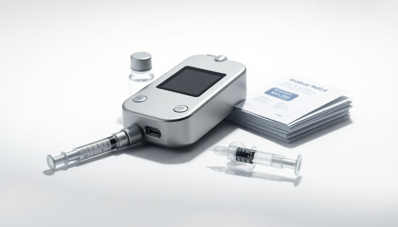 A photorealistic studio still life featuring a polished metal insulin pump component, a glass syringe, and medical documents, conceptually representing the precision and innovation of Modular Medical's insulin delivery technology.