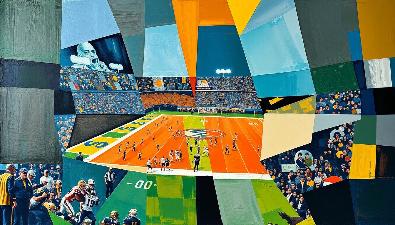 A cubist, geometric painting depicting fragmented football players and draft prospects, conveying the Raiders' need to strategically rebuild their roster through the draft.