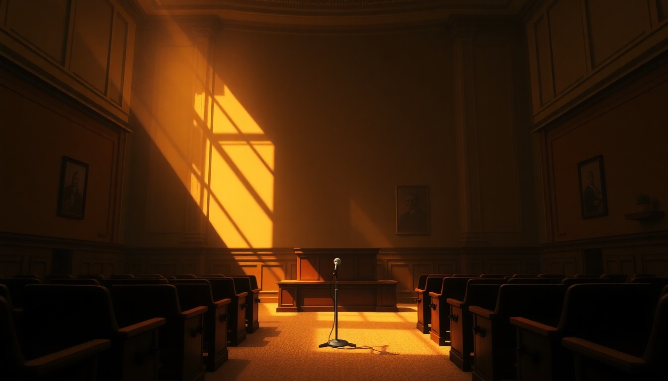 A dimly lit, cinematic painting of an empty congressional hearing room, with a single microphone stand in the center, conveying a sense of political tension and uncertainty.