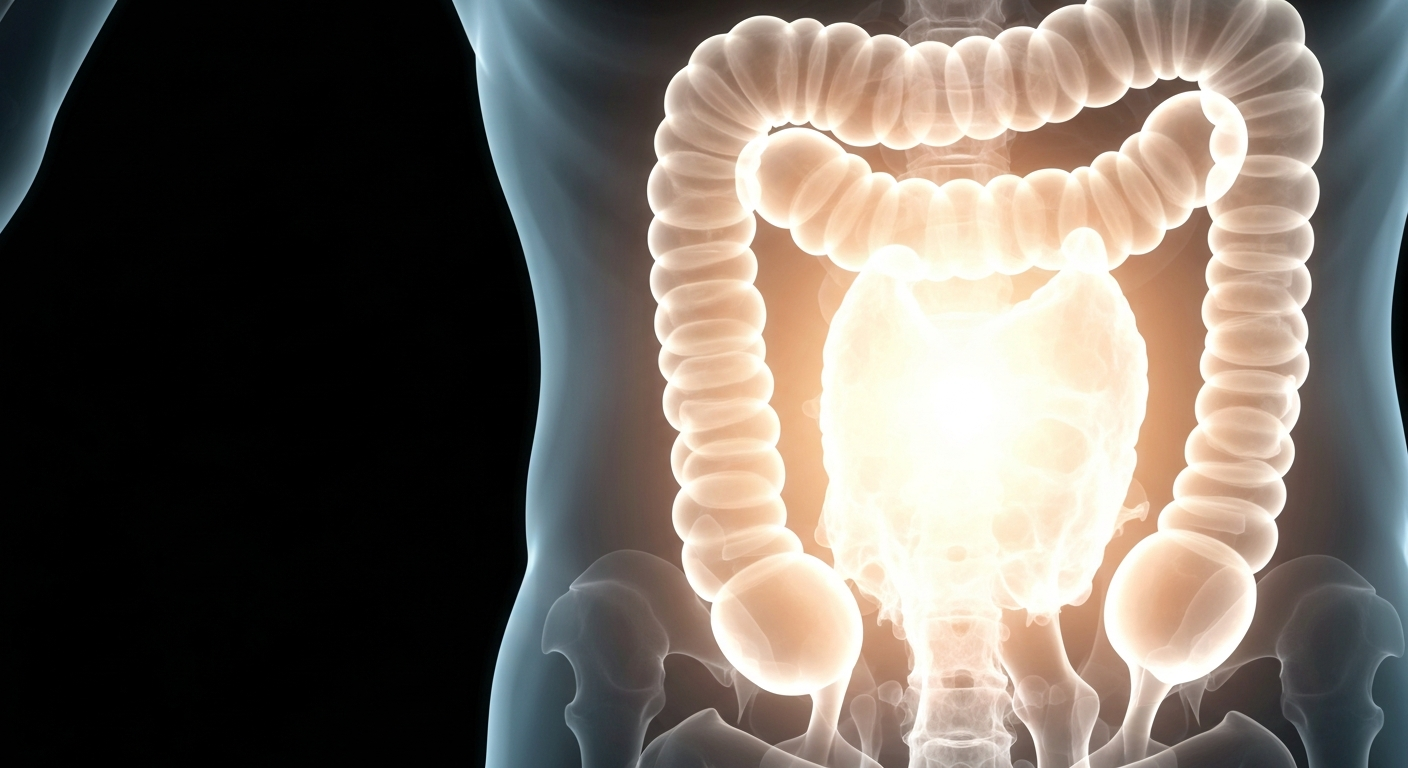 A translucent, ghostly X-ray image of a human colon, with the internal structures glowing against a dark background, conveying the hidden medical challenges of colorectal cancer.