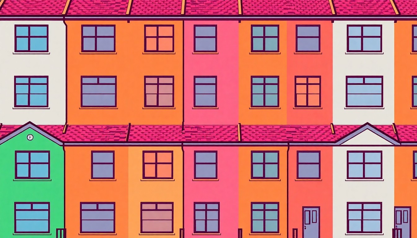 A high-contrast, silkscreen-style illustration featuring a repeated pattern of a stylized townhome window or entryway in bright neon colors, conceptually representing the new residential development planned for the former St. Mary's Hospital campus.