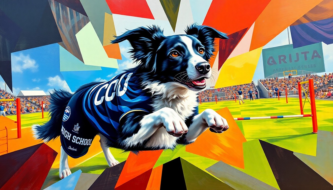 A fractured, cubist-style painting depicting the dynamic motion and energy of a dog agility competition, with overlapping geometric shapes in bright colors representing the Aledo High School team uniform and the dog's fur.