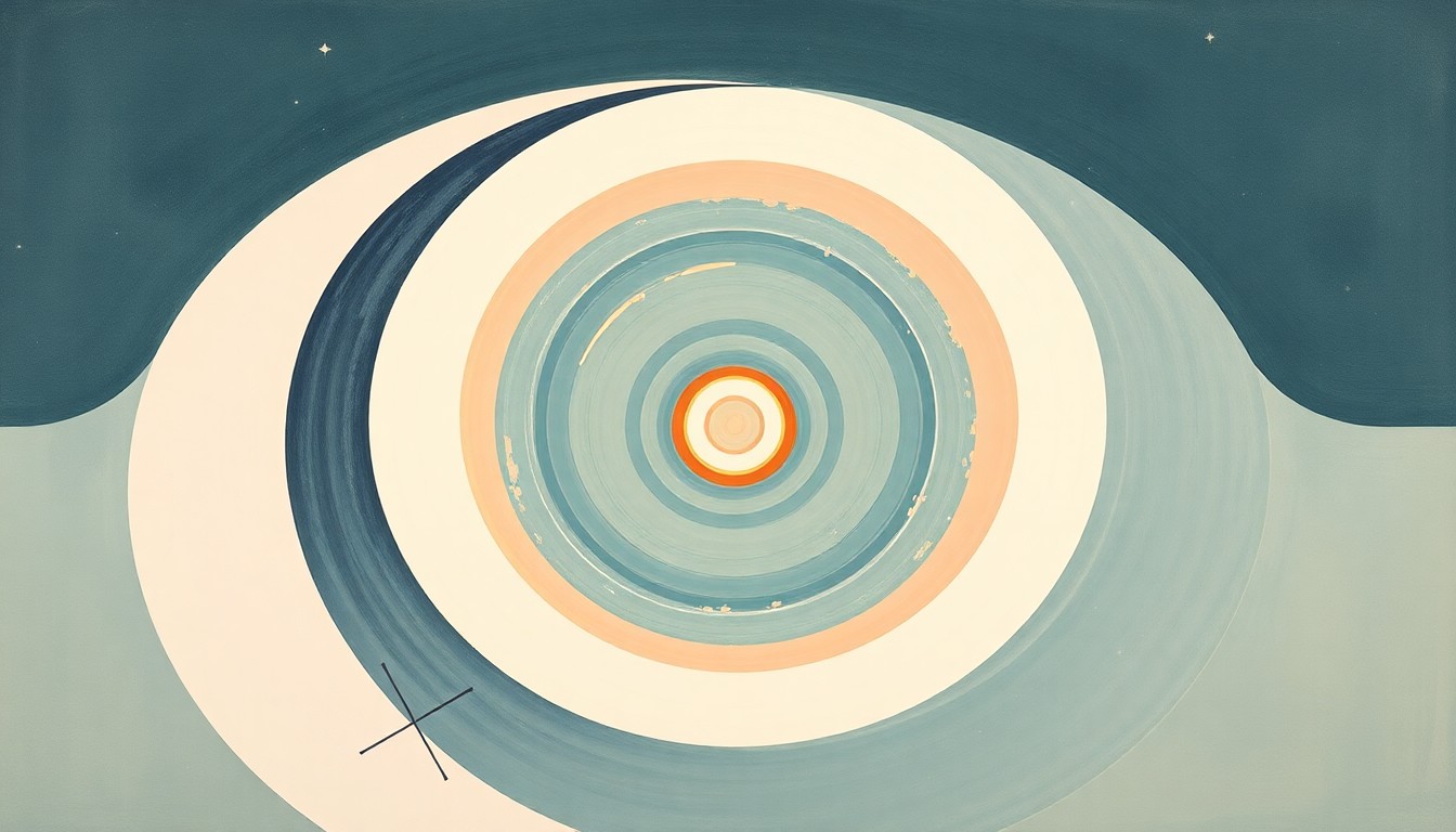 A highly structured abstract painting in soft, flat colors featuring sweeping geometric arcs, concentric circles, and precise botanical spirals, conceptually representing the challenges and structural order of the international space industry.