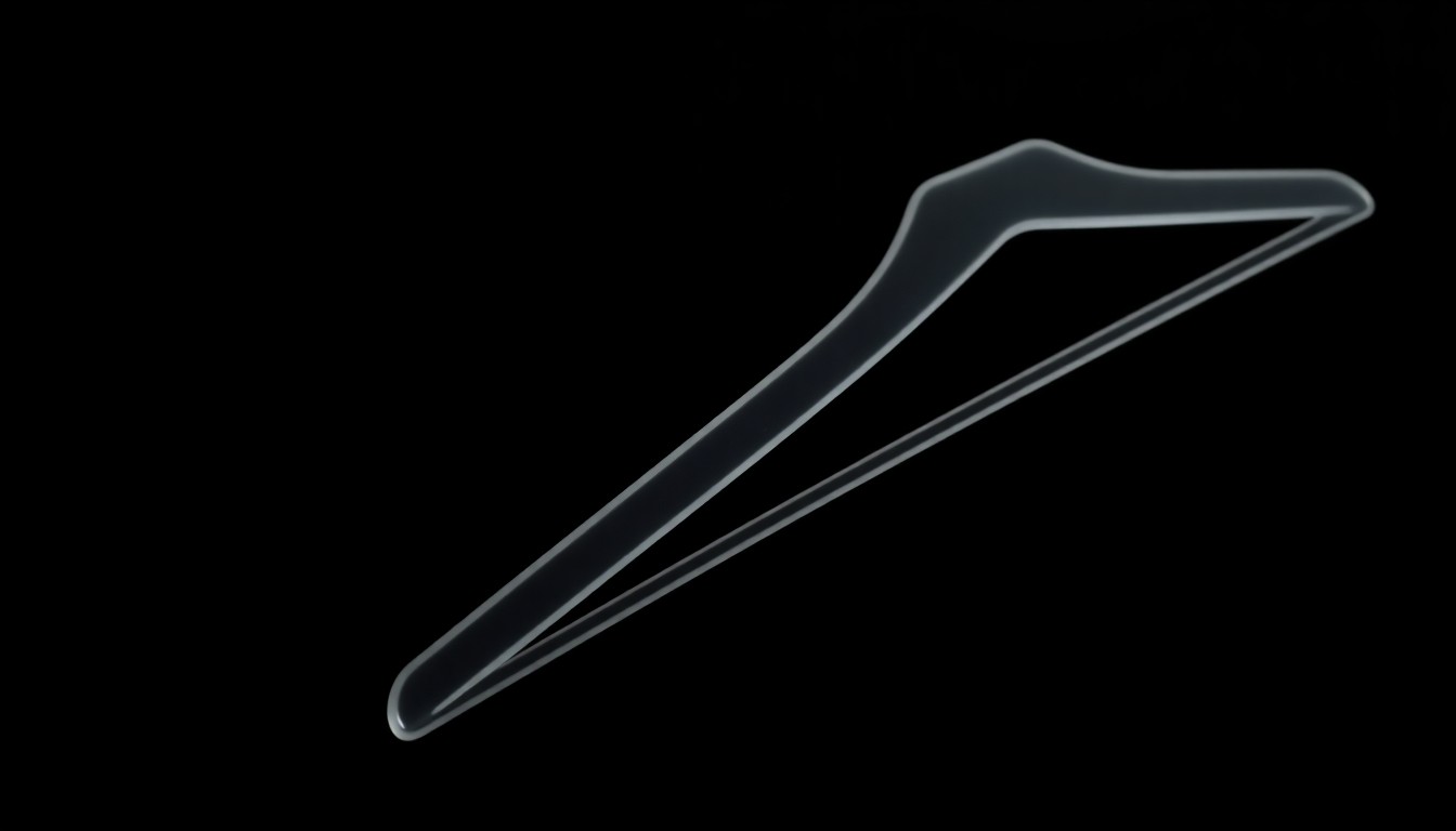 An extreme close-up photograph of a plastic clothing hanger against a pitch-black background, lit by a harsh, direct camera flash, conveying a stark, gritty, and investigative aesthetic without depicting any violence or victims.