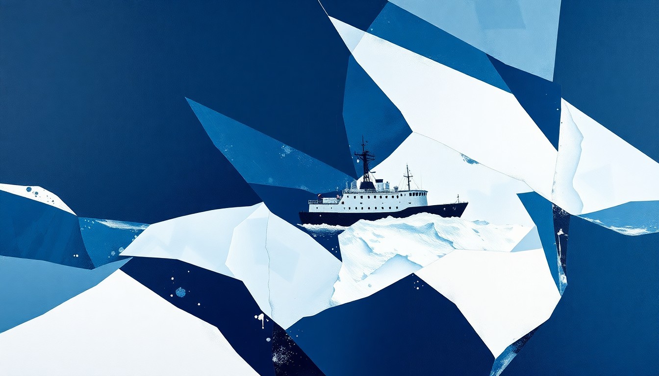 A conceptual, abstract painting in shades of blue and gray depicting the fractured, overlapping silhouette of an icebreaker ship cutting through icy Arctic waters, conveying the dynamic and strategic nature of the U.S. government's shifting priorities in the region.