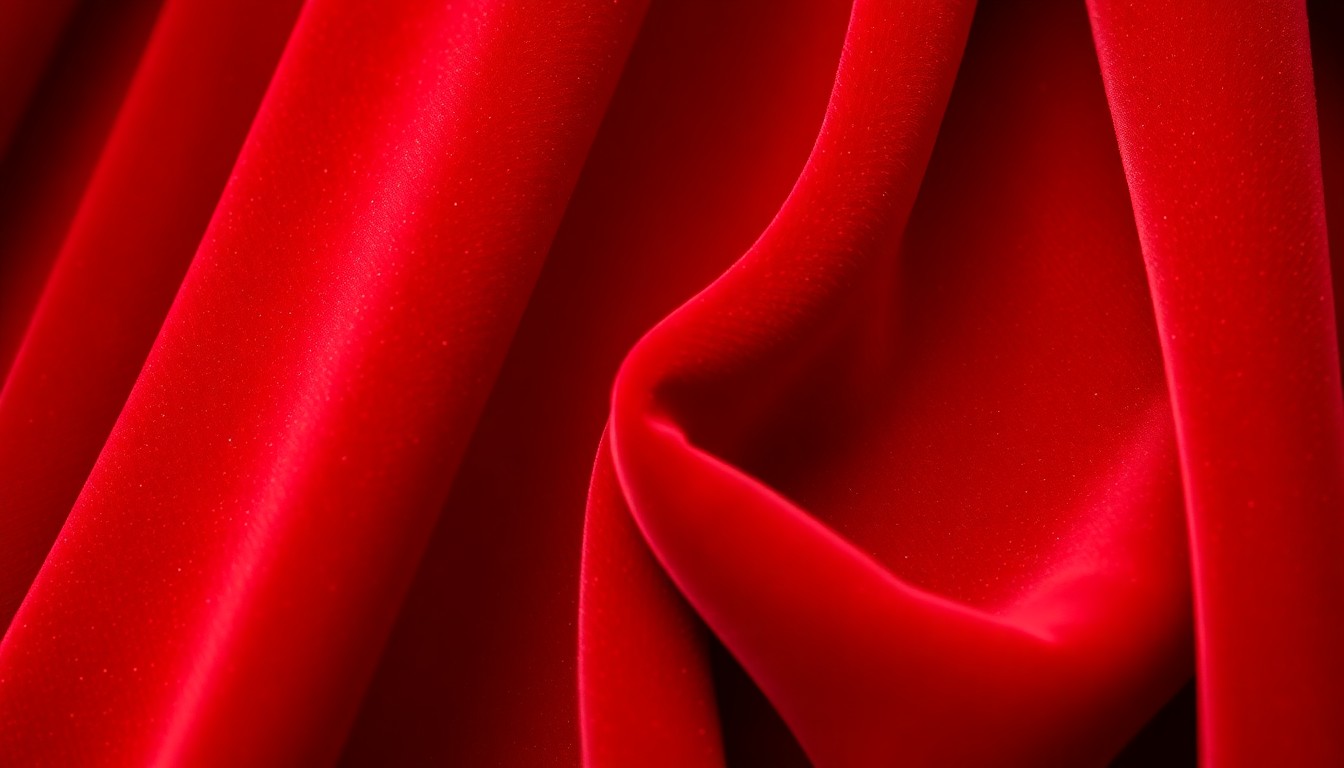 An extreme close-up photograph of lush, deep red velvet fabric, capturing the luxurious texture and high-fashion aesthetic in a dramatic, high-contrast studio lighting setup.