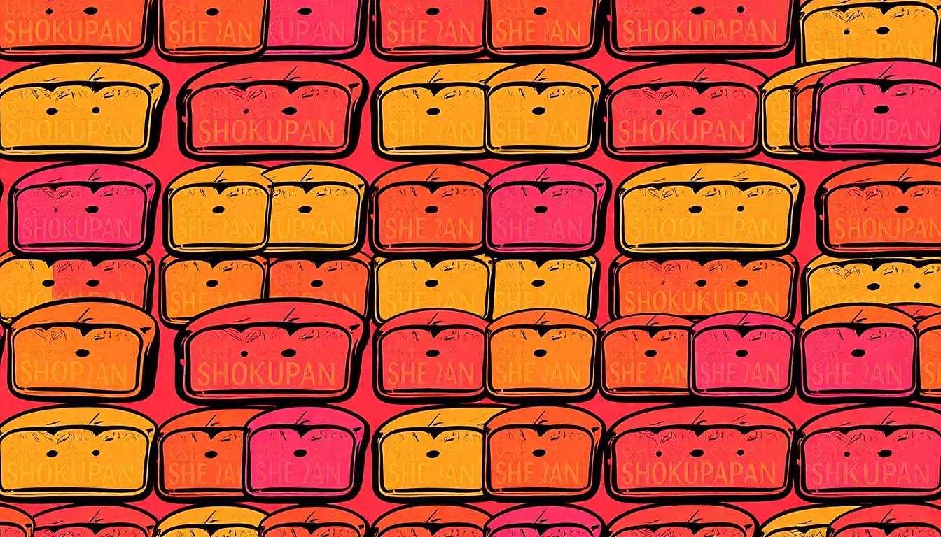 A vibrant, high-contrast silkscreen print featuring a repeated image of a single shokupan loaf in a grid pattern, using bold neon colors and heavy black outlines to transform the everyday bread into a modern pop art piece.