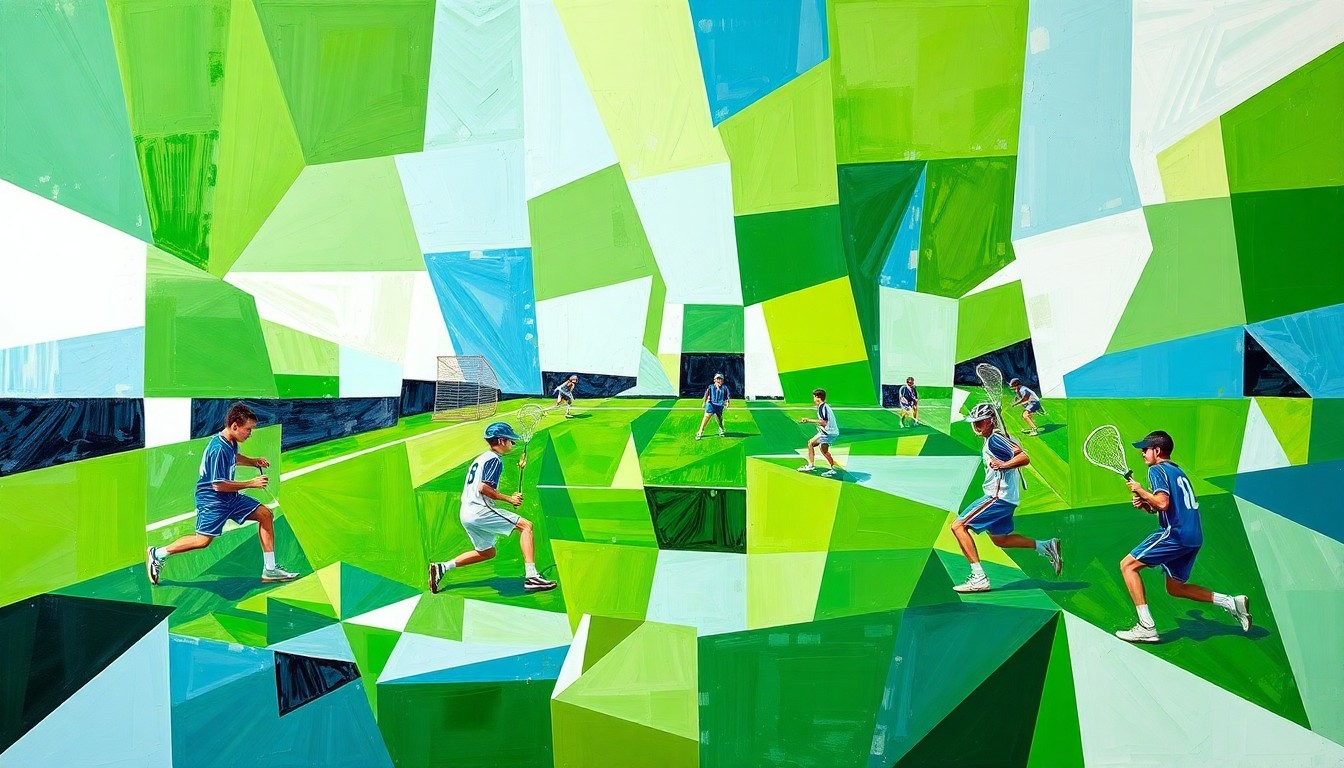 A cubist-style painting featuring overlapping geometric shapes and planes of green, blue, and white, conceptually representing the fast-paced action and diverse skills of high school lacrosse players.