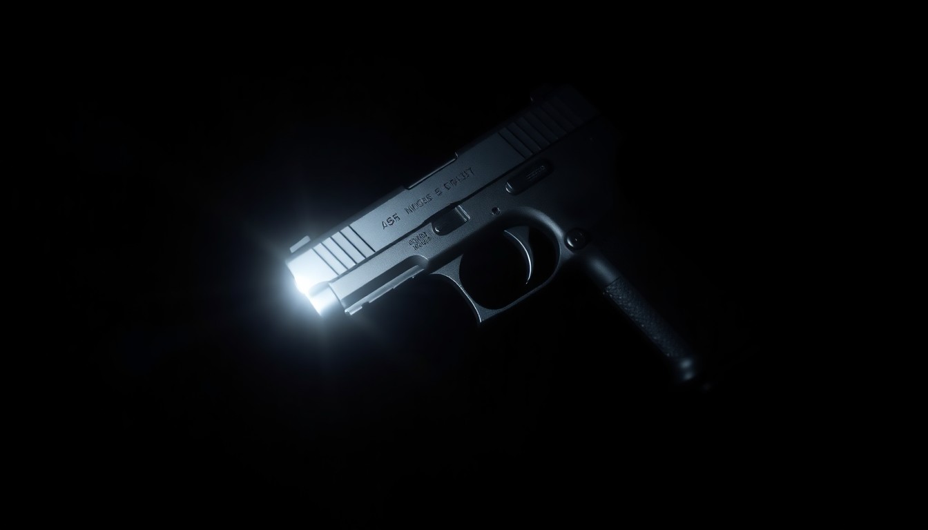 An extreme close-up photograph of a handgun against a pitch-black background, lit by a harsh, direct camera flash, conveying a stark, gritty, and investigative aesthetic without depicting any violence.