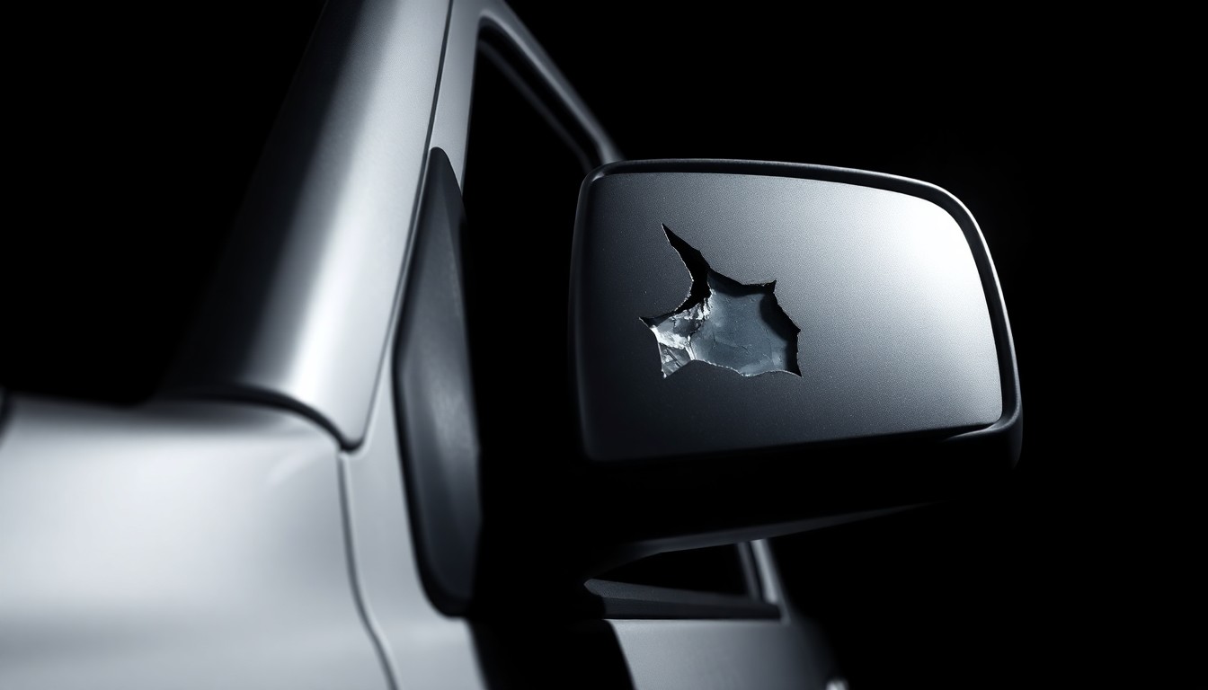 An extreme close-up of a cracked and damaged side mirror from a silver pickup truck, reflecting a harsh, direct flash of light against a pitch-black background, conceptually illustrating the aftermath of a hit-and-run incident.
