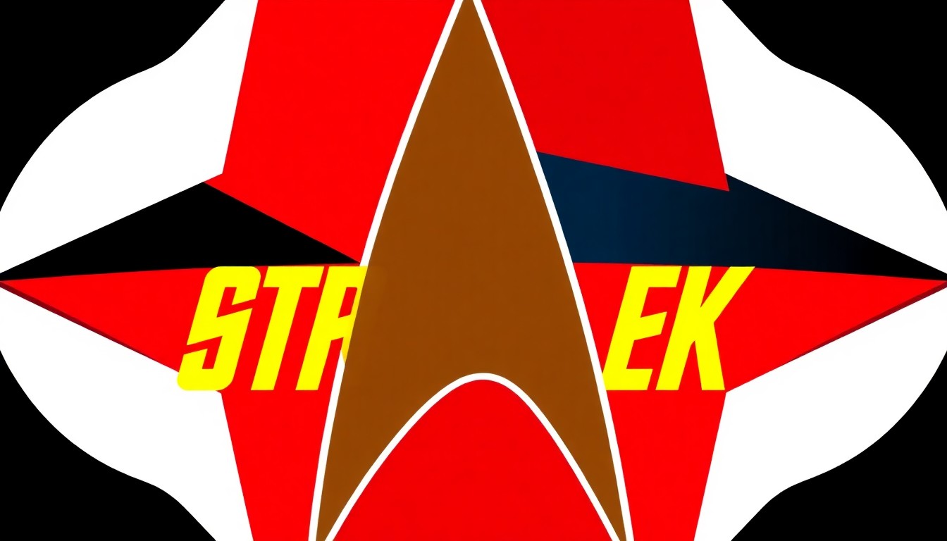 A minimalist, abstract illustration featuring jagged, geometric shapes in vibrant colors like red, blue, and yellow, forming the iconic Star Trek insignia in a striking, cut-out poster style.