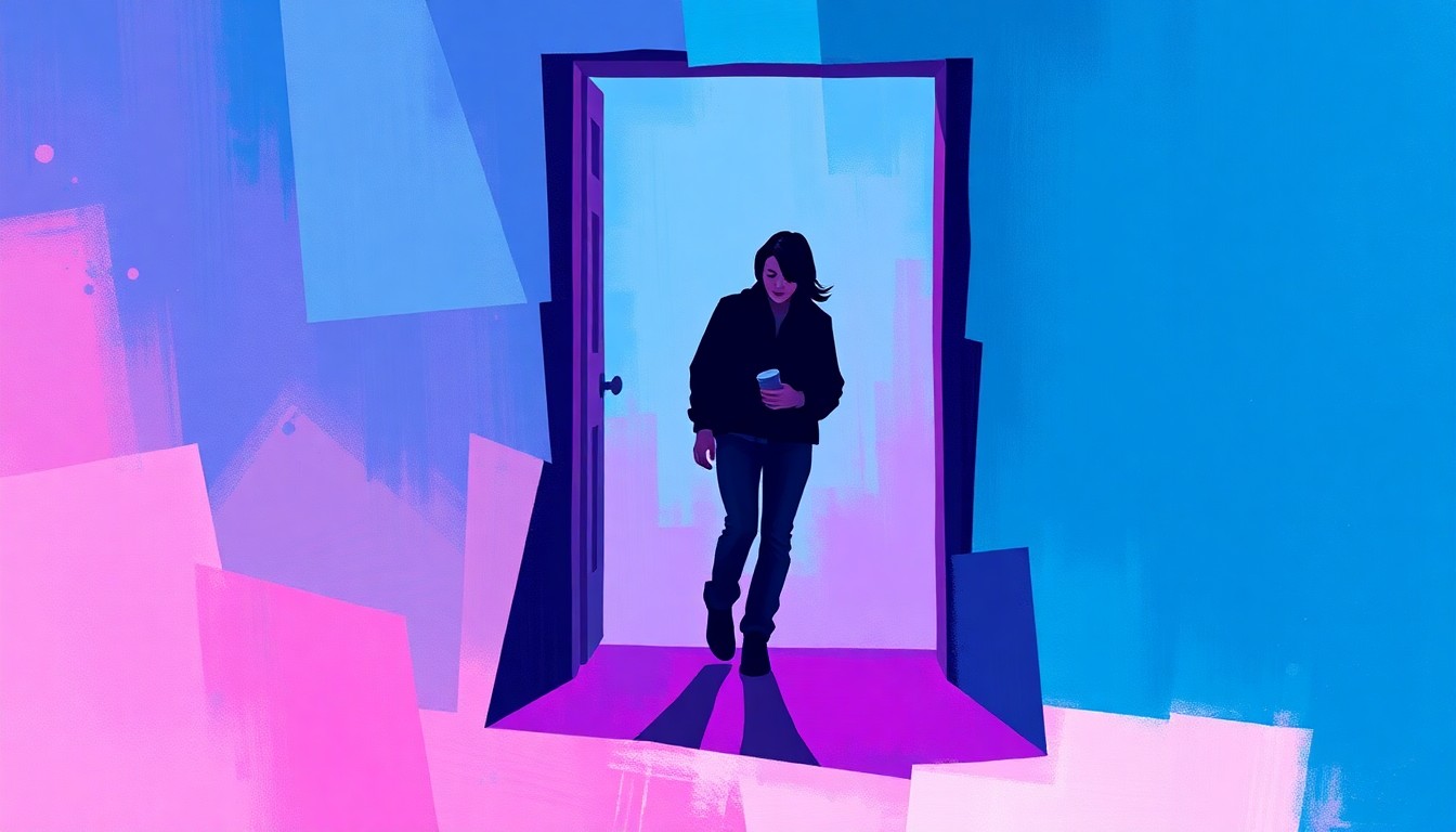 A fractured, abstract painting in shades of blue, purple, and pink depicting the silhouette of a person walking through a doorway, conceptually representing the difficult decision of a family to leave their home due to discriminatory legislation.