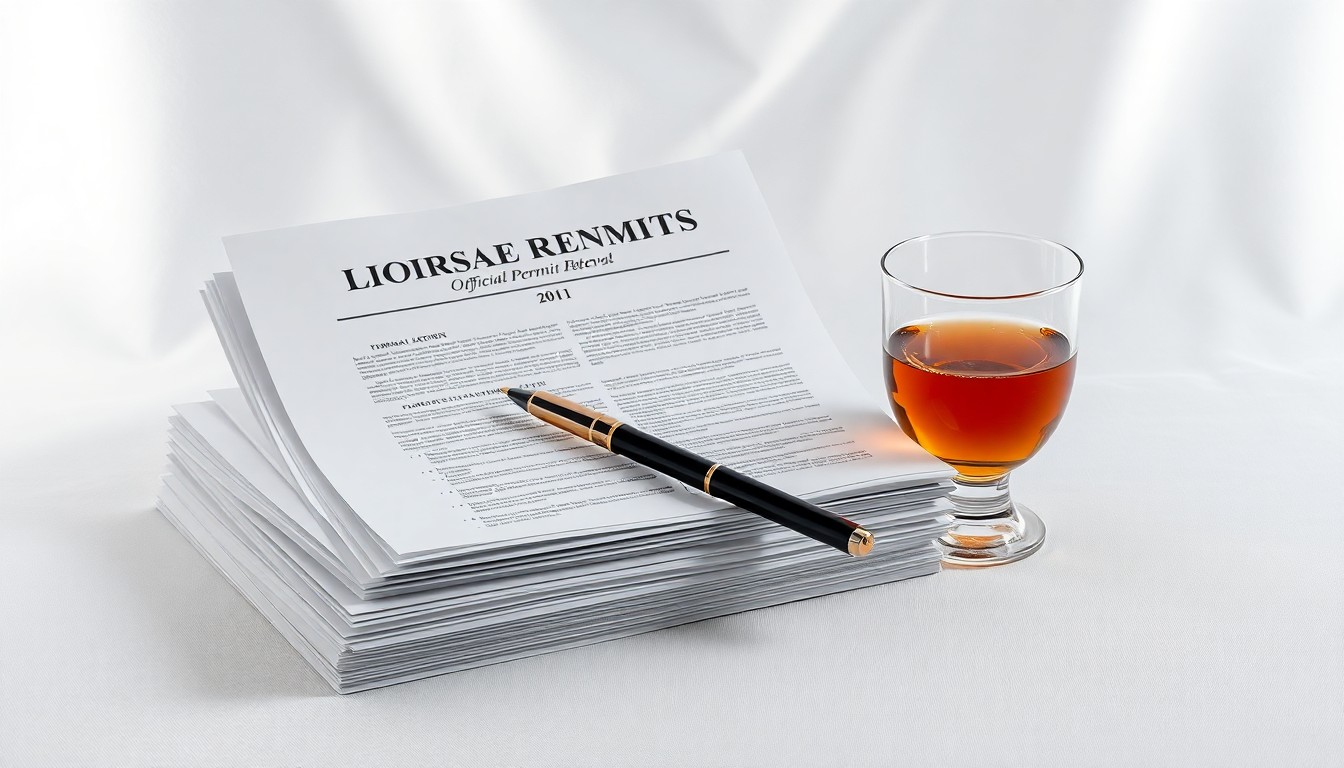 A photorealistic studio still-life image featuring a stack of official documents, a pen, and a glass of amber liquor on a clean, monochromatic background, conceptually representing the bureaucratic process of liquor permit renewals in Ohio.