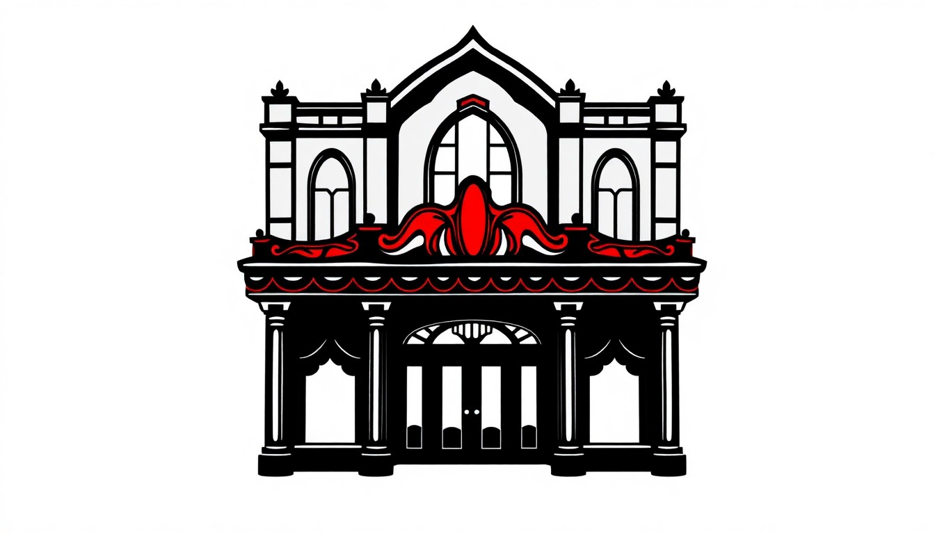 A stark, minimalist black silhouette of a haunted theater facade with a glowing red organ pipe, conceptually representing the updated Phantom Theater ride at Kings Island.