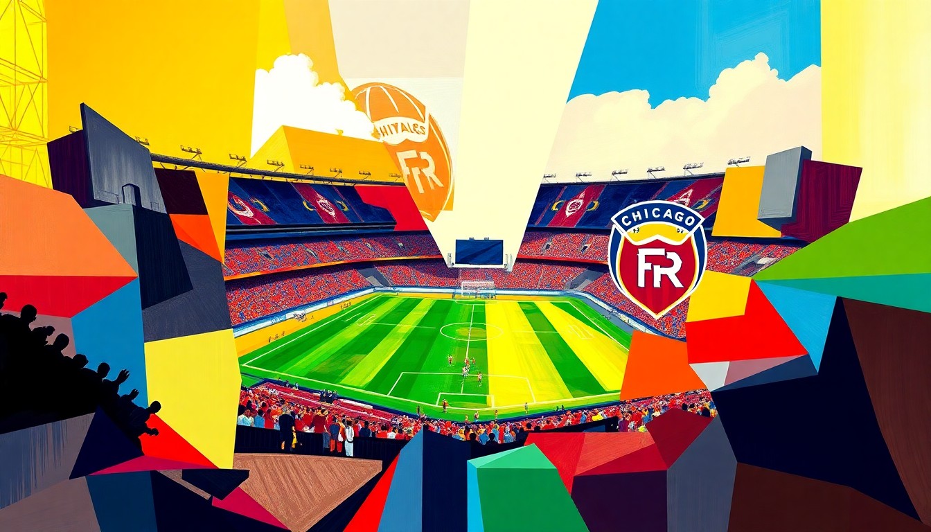 A fractured, abstract painting depicting a soccer match, with sharp geometric planes in the teams' official colors of orange, blue, red, and white, conveying the competitive spirit of the Eastern Conference rivals.