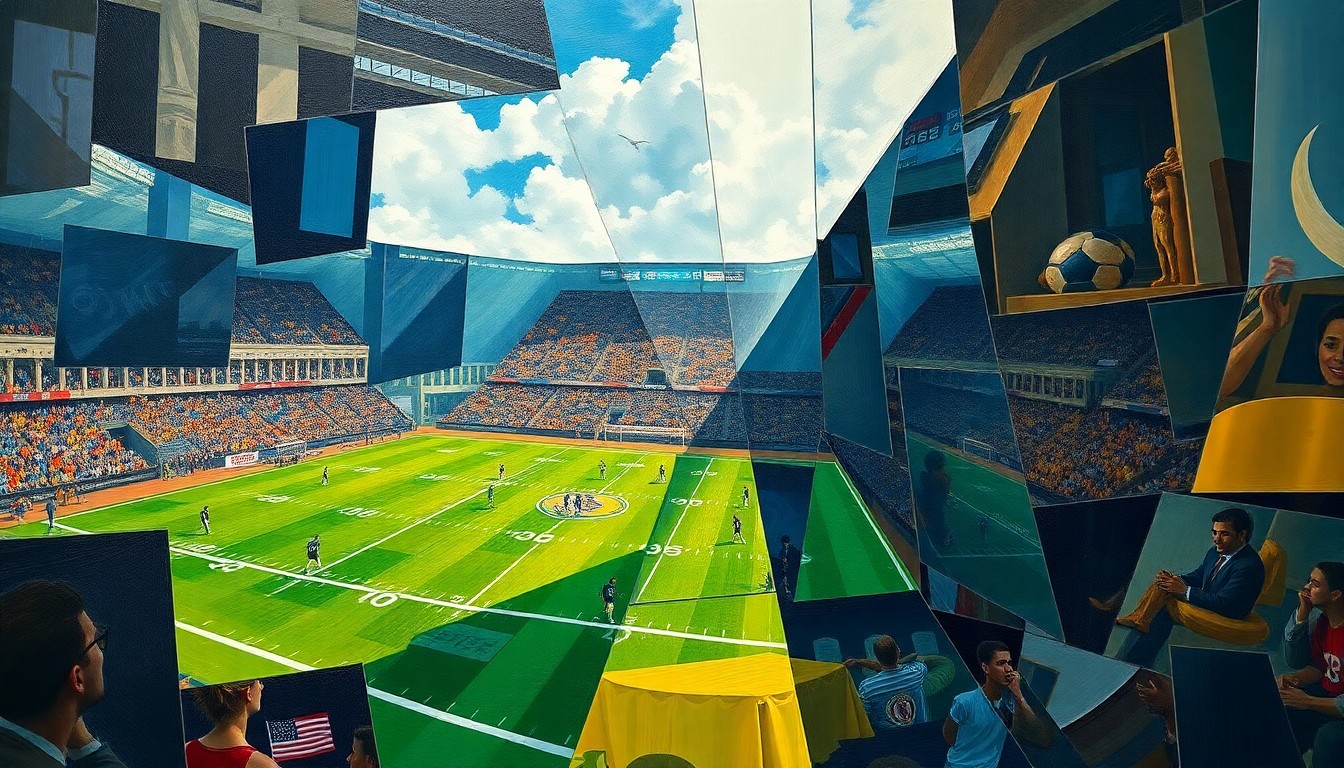 A cubist, geometric illustration depicting a football game broken down into overlapping, angular shapes and planes, capturing the multifaceted nature of the Saints' draft planning.