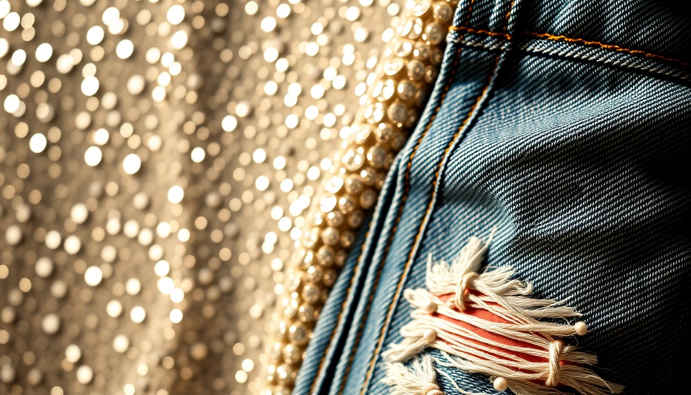 An extreme close-up photograph of shimmering, glittering country music textures like sequins, rhinestones, and distressed denim in high-contrast studio lighting, conceptually representing the glamour and energy of Ella Langley's chart-topping hits.