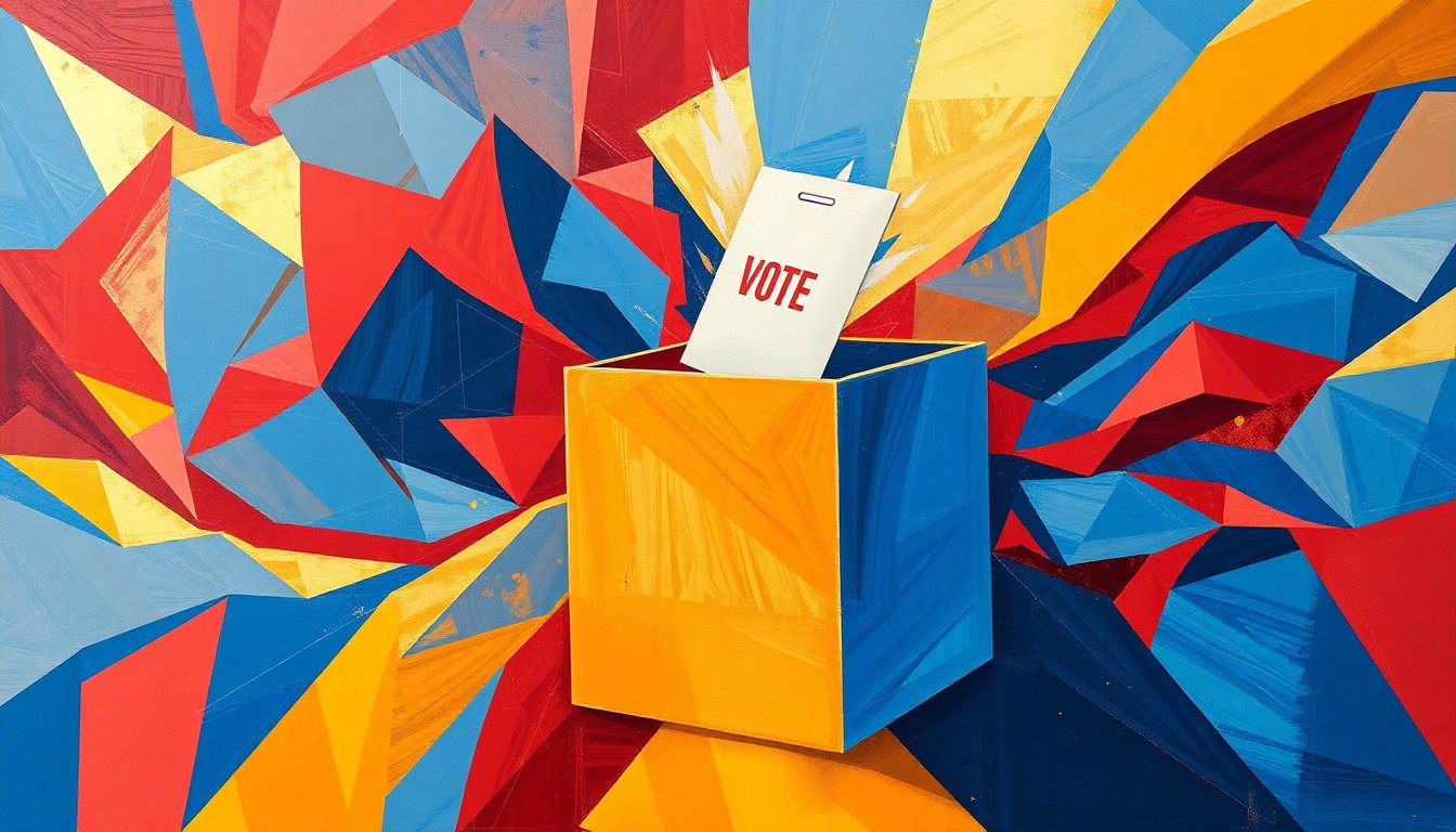 A vibrant, abstract painting featuring a fractured, geometric representation of a ballot box or voting booth, conveying the energy and momentum of a growing political movement.