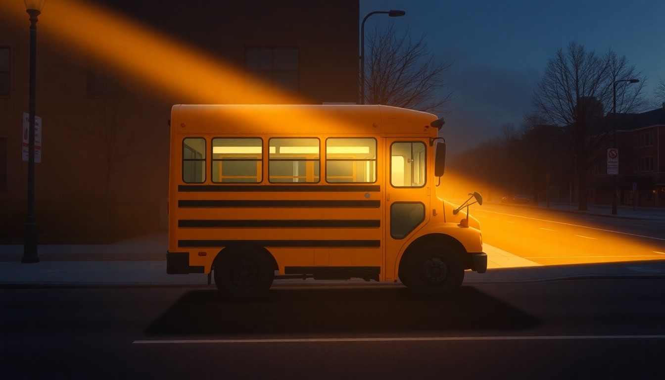 A photorealistic painting of an empty school bus parked on a shadowy urban street, conveying a sense of solitude and nostalgia.