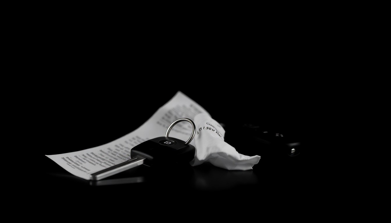 An extreme close-up photograph of a set of car keys and a crumpled receipt, conceptually representing the details of a police blotter report on traffic violations and shoplifting incidents.