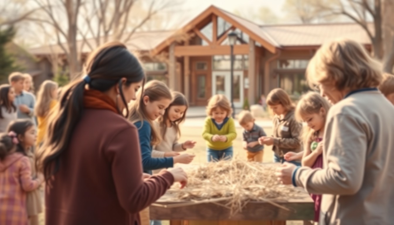 An abstract, impressionistic photograph showing people interacting with natural elements in a blurred, dreamlike setting that evokes the cultural and environmental themes of the Chickasaw Earth Day event.