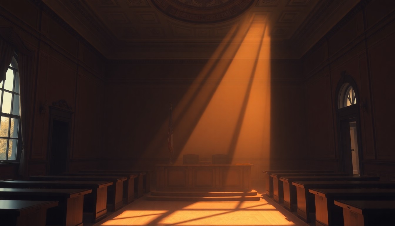 A dimly lit, cinematic painting of an empty city council chamber or government office, with warm sunlight streaming through the windows and casting long shadows across the room, conveying a sense of quiet contemplation and civic responsibility.