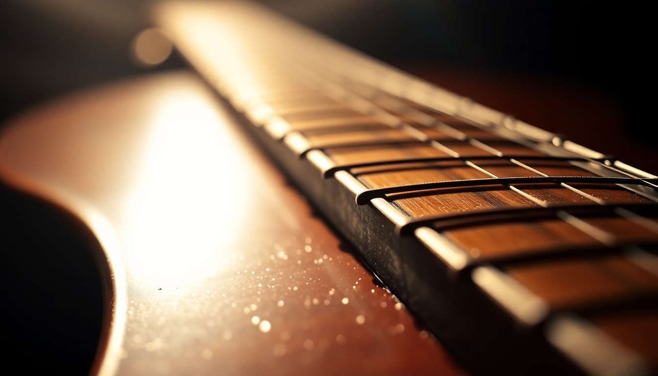 An extreme close-up photograph of the intricate wood grain and metal hardware of a vintage guitar neck, captured in dramatic high-contrast lighting to emphasize the luxurious, high-fashion aesthetic of this classic American instrument.