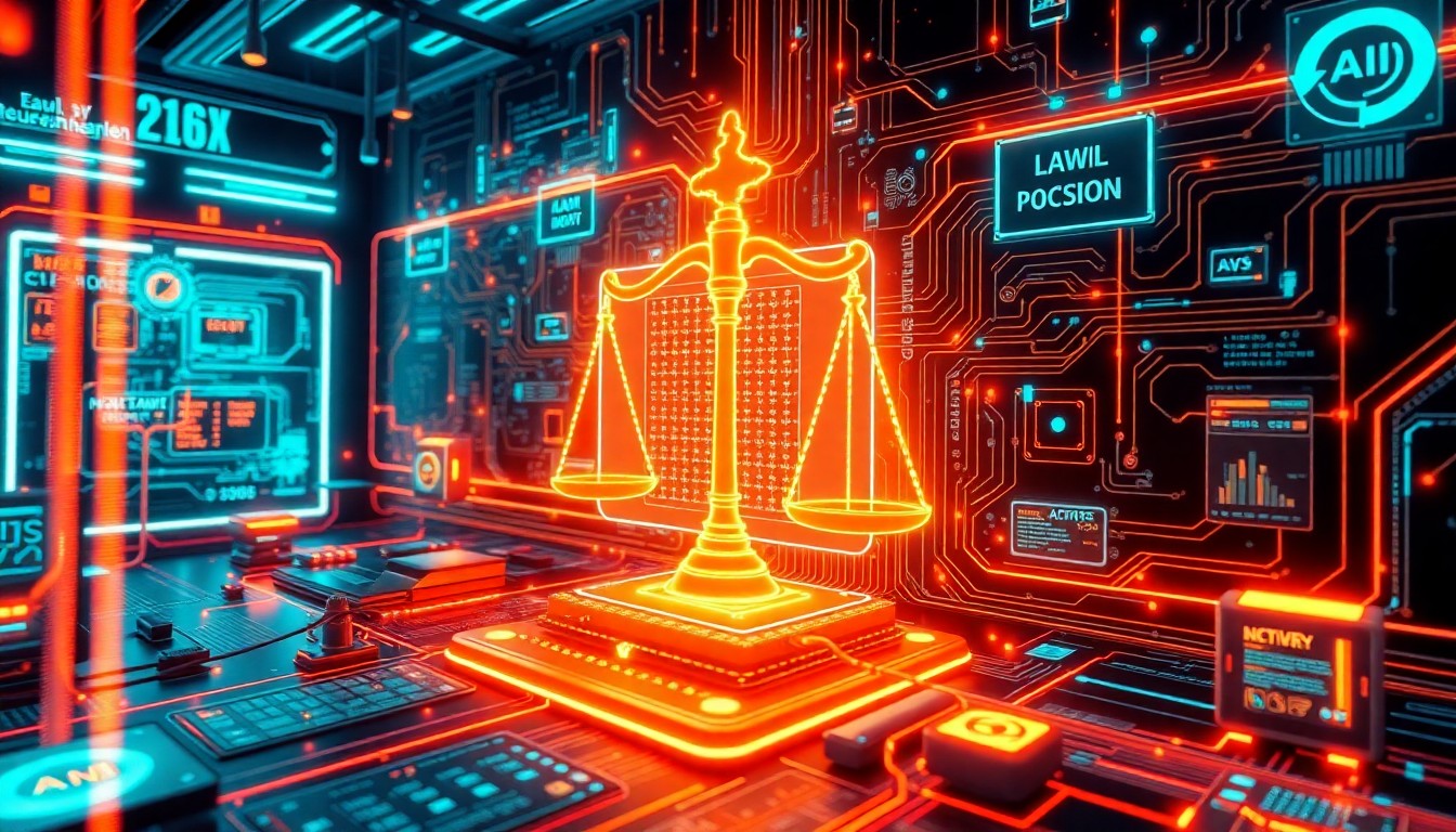 A highly detailed, glowing 3D illustration of a futuristic, neon-lit legal document processing system, with intricate circuits, data flows, and holographic interfaces, conceptually representing the advanced AI technology powering CaseHero's legal workflow solutions.