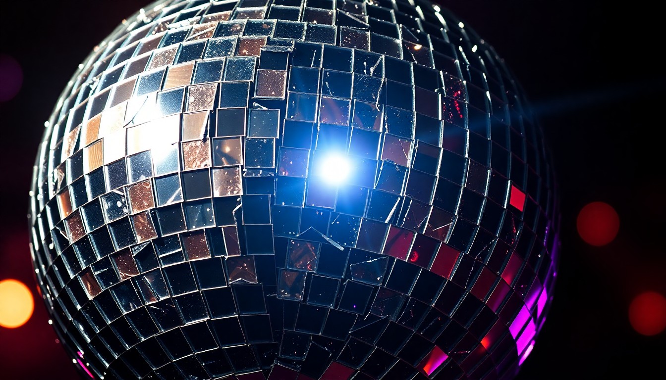 An extreme close-up photograph of a cracked, glittering disco ball reflecting shards of light, conceptually representing the glamour and excitement of a large-scale music performance.