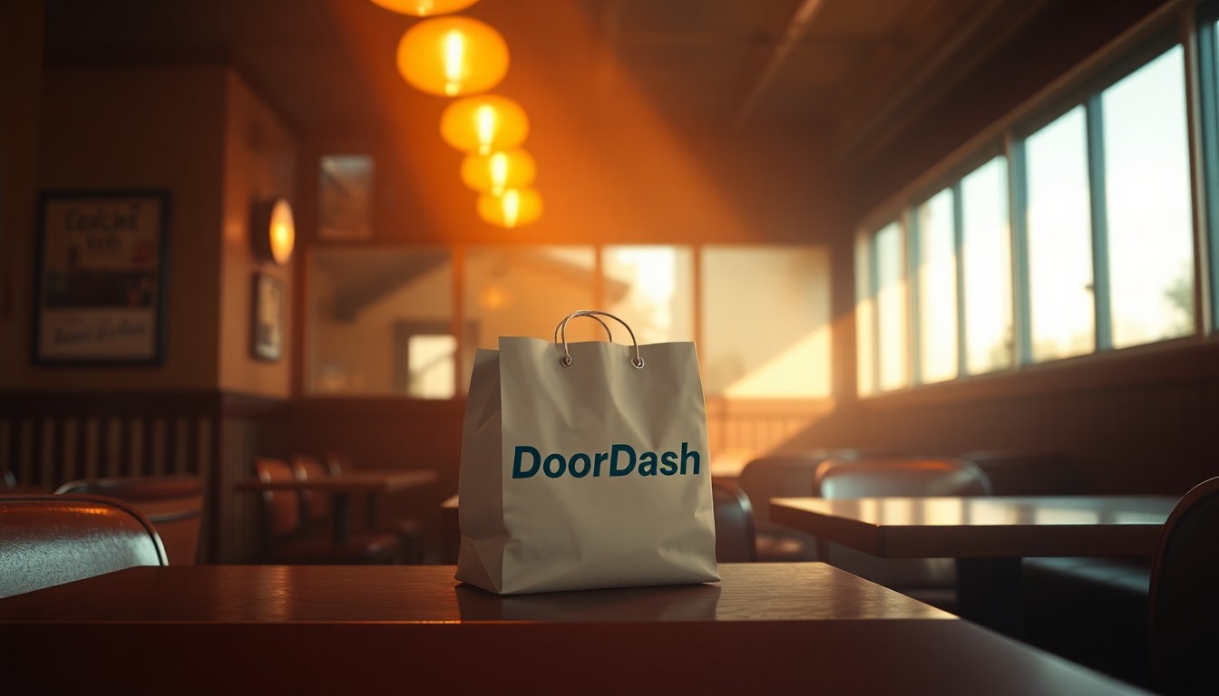 An extreme close-up of a solitary DoorDash delivery bag sitting on a table in a dimly lit, cinematic diner setting, bathed in warm, diagonal sunlight and deep shadows, conceptually illustrating the political controversy surrounding a routine presidential food delivery.