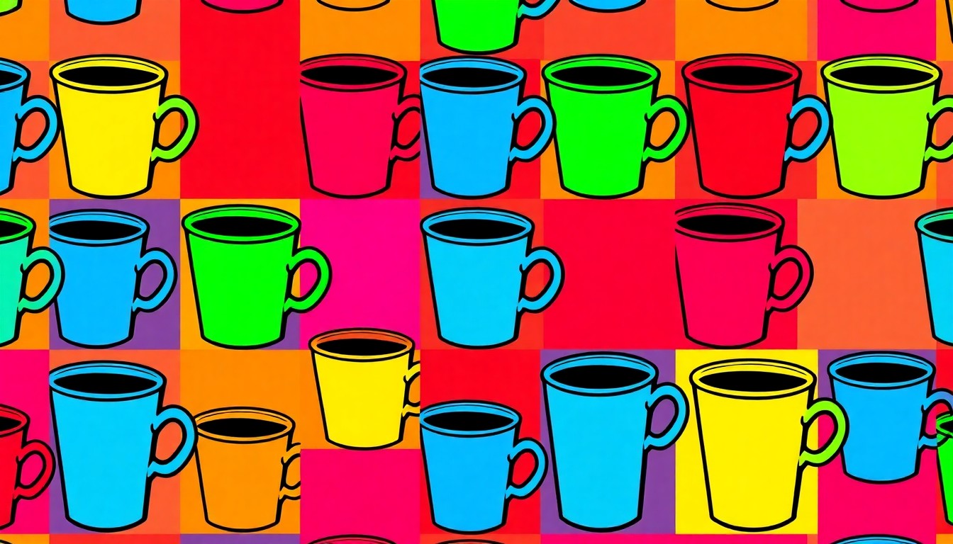A brightly colored, high-contrast silkscreen print of a coffee cup or other iconic business-related object repeated in a tight grid pattern, in the style of Andy Warhol, conceptually representing the intersection of faith, leadership, and the business community.