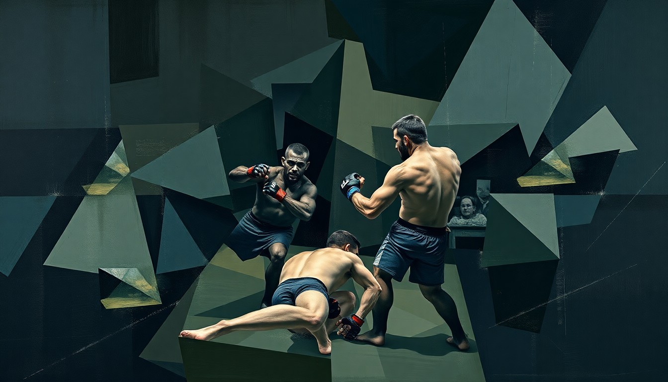 A cubist, multi-perspective painting in muted navy, charcoal, and olive tones, breaking down a UFC fight scene into sharp, overlapping geometric planes to conceptually represent the physical adversity Patricio Pitbull faced in his UFC 327 loss.