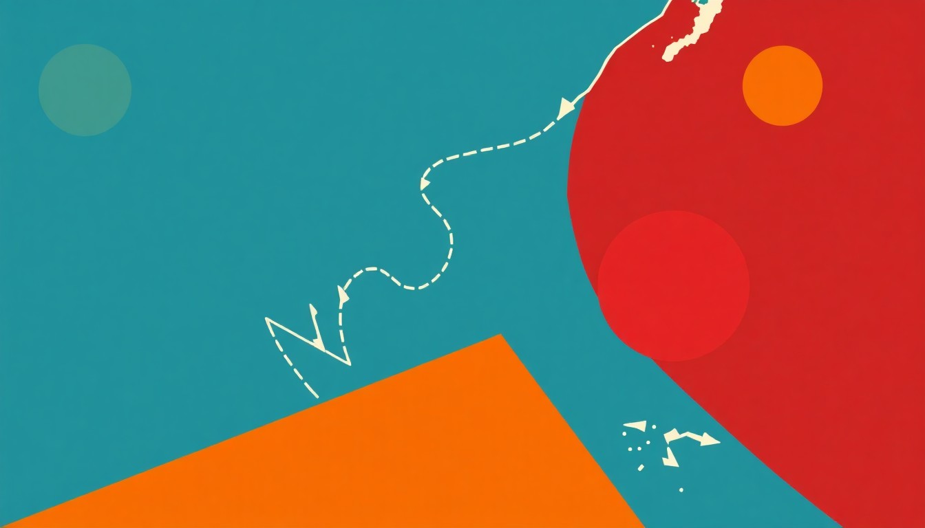 A visually striking abstract illustration featuring bold geometric shapes in primary colors, conceptually representing the economic challenges facing Asian countries due to the energy shock.