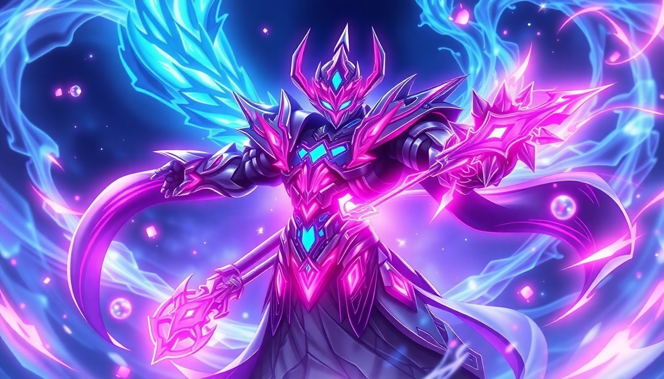 A highly detailed, glowing 3D illustration of a powerful, armored hero surrounded by swirling celestial energy and cybernetic elements, conceptually representing the introduction of a new Legendary character to the mobile RPG Seven Knights RE:BIRTH.