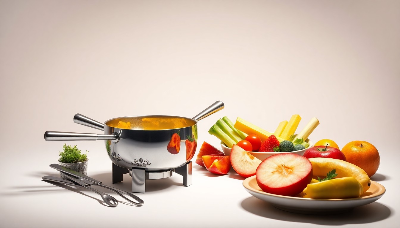 A high-end, photorealistic studio still-life photograph featuring a gleaming silver fondue pot, fondue forks, and fresh produce arranged elegantly on a clean background, conceptually representing the refined, premium experience of fondue dining.
