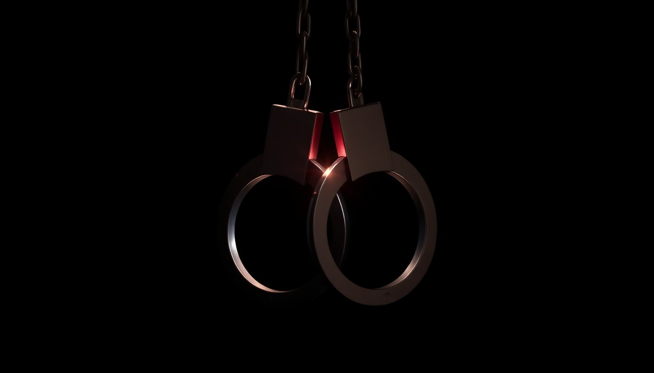 An extreme close-up of a pair of handcuffs, the metal reflecting a bright flash of light against a dark background, conceptually representing the arrest of a suspected sex trafficker.