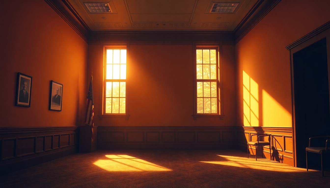 A dimly lit, cinematic painting of an empty government office space, with warm sunlight streaming in through the windows and deep shadows cast across the room, conveying a sense of political tension and uncertainty.